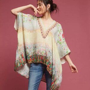 Anthropologie Blank London beaded linen poncho oversized boho top flowers OS